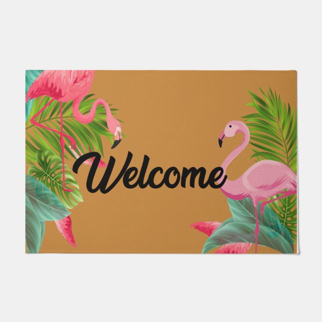 Retro Welcome Tropical Flamingos Doormat Deurmat (Voorkant)