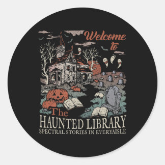 Retro Welkom bij The Haunted Library Boekenliefheb Ronde Sticker
