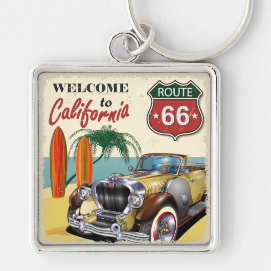 Retro "Welkom in Californië" Route 66 poster, Sleutelhanger (Voorkant)