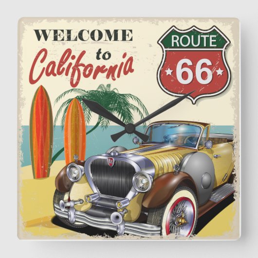 Retro "Welkom in Californië" Route 66 poster, Vierkante Klok (Voorkant)