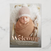 Retro welkom roos goudfoto geboorteaankondiging folie uitnodiging (Voorkant)