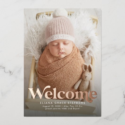 Retro welkom roos goudfoto geboorteaankondiging folie uitnodiging (Voorkant)