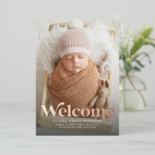 Retro welkom roos goudfoto geboorteaankondiging folie uitnodiging (Staand Voorkant)