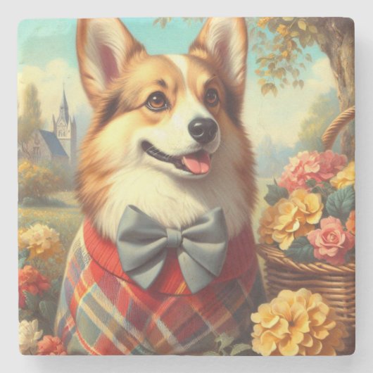 Retro Welsh Corgi Cardigan Schilderij Stenen Onderzetter (Voorkant)