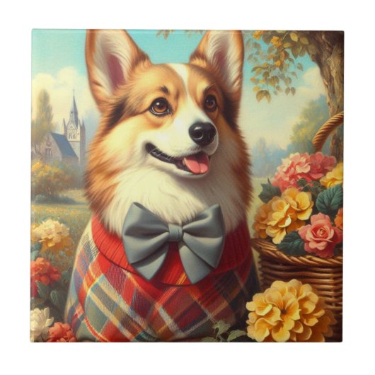 Retro Welsh Corgi Cardigan Schilderij Tegeltje (Voorkant)