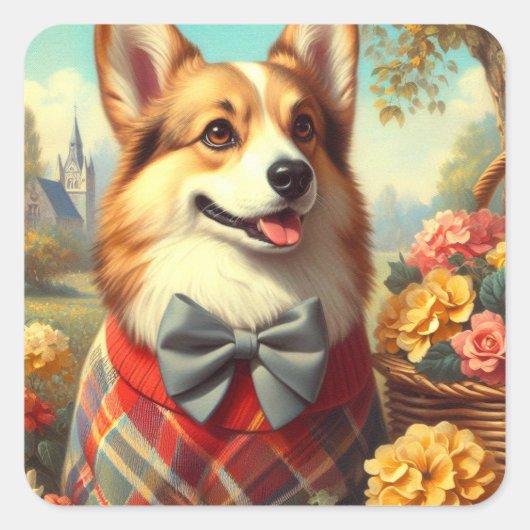 Retro Welsh Corgi Cardigan Schilderij Vierkante Sticker (Voorkant)