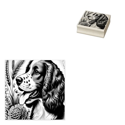 Retro Welsh Springer Spaniel Bruin Witte Kunst Rubberstempel (Gestempeld)