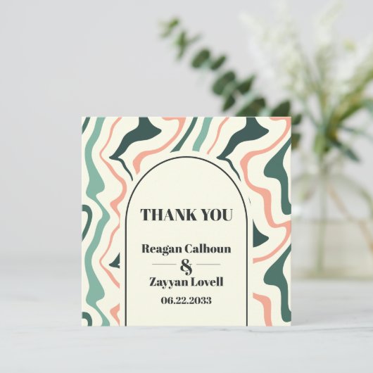 Retro wervelboog munt groen en roze bruiloft bedankkaart (Staand voorkant)