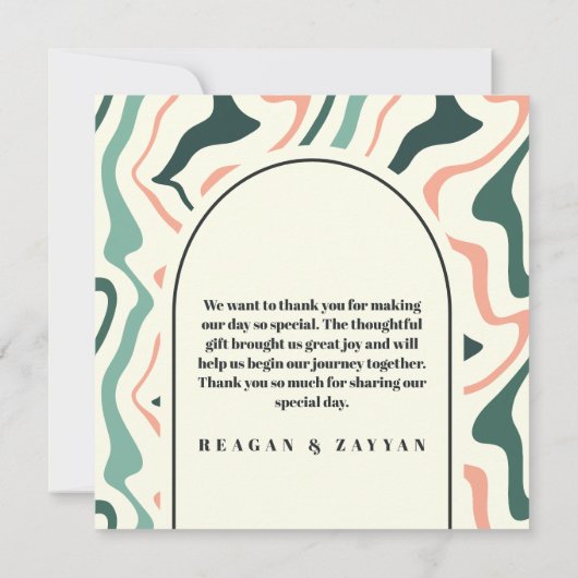 Retro wervelboog munt groen en roze bruiloft bedankkaart (Achterkant)