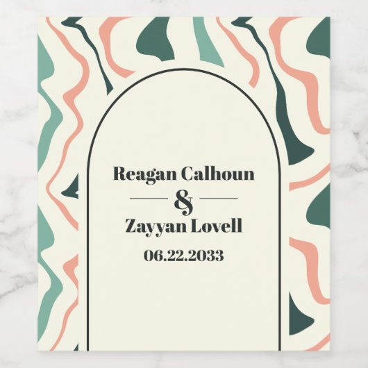 Retro wervelboog munt groen en roze bruiloft wijn etiket (Enkel label)