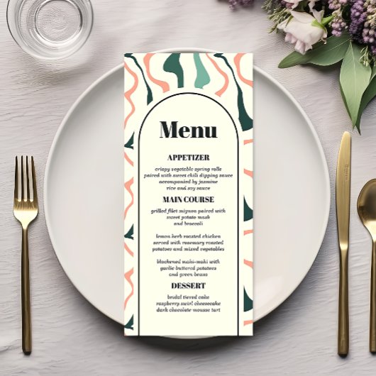 Retro Wervelende Boog Mintgroene Roze Bruiloft Menu