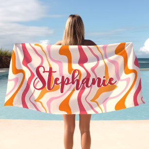 Retro Werveling Abstracte Golf Pink Oranje Aangepa Strandlaken