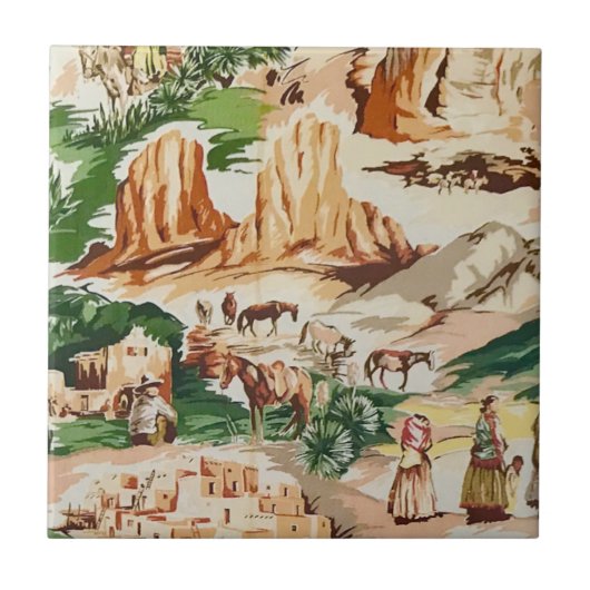 Retro  Western Cowboy Theme Fabric Tile Tegeltje (Voorkant)