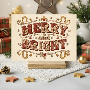 Retro Western Kerstmis Merry and Bright Feestdagen Kaart