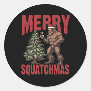 Retro Western Merry Squatchmas Funny Bigfoot Santa Ronde Sticker
