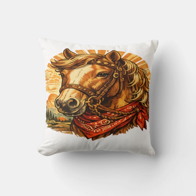 Retro Western Paard Bandana Worp Kussen (Voorkant)