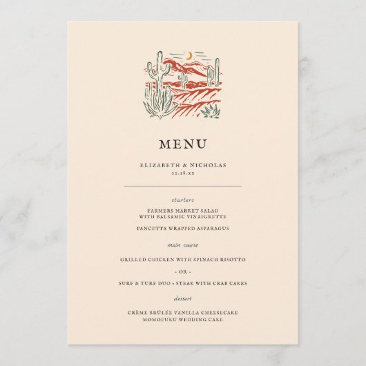 Retro Westerne Cactus Desert Bruiloft Menu (Voorkant)