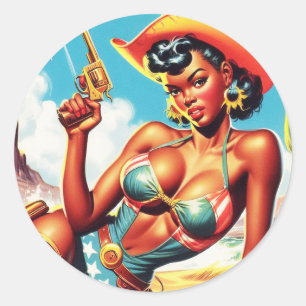 Retro Westerne Cowgirl Pin-up Ronde Sticker