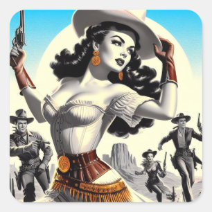 Retro Westerne Pin-up Vierkante Sticker