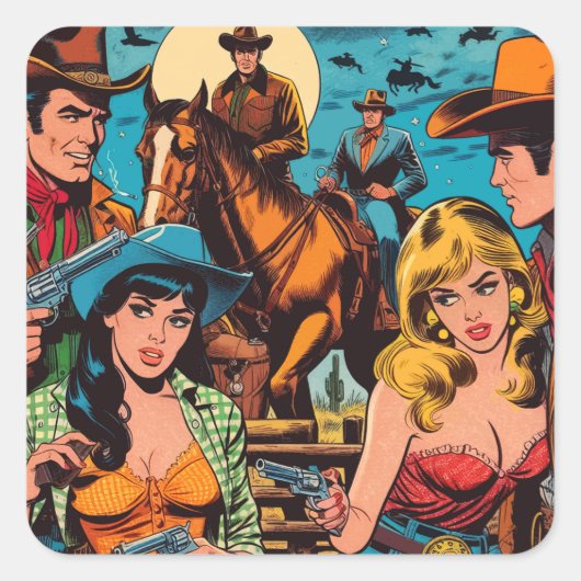 Retro Westerne striptekeningen Vierkante Sticker (Voorkant)