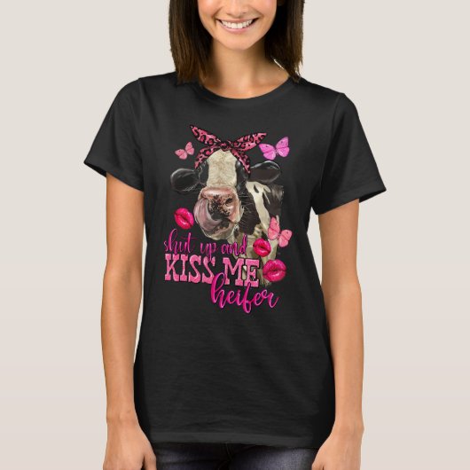 Retro Westerne Valentijnsdag Roze Koe Love Butter T-shirt (Voorkant)