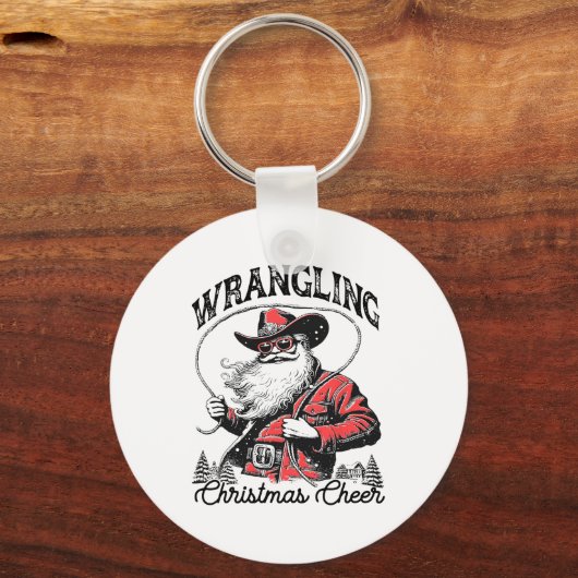 Retro Westerne Xmas Wrangling Christmas Cheer Sant Sleutelhanger (Voorkant)