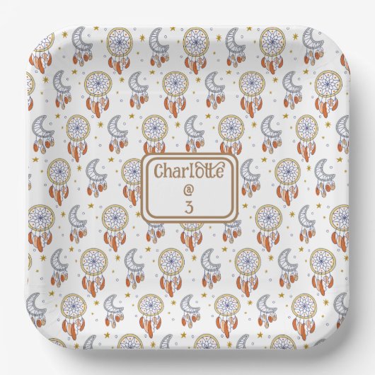 Retro Whimsical Boho Pattern Name Birthday Papieren Bordje (Voorkant)