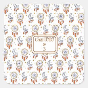 Retro Whimsical Boho Pattern Name Birthday Vierkante Sticker