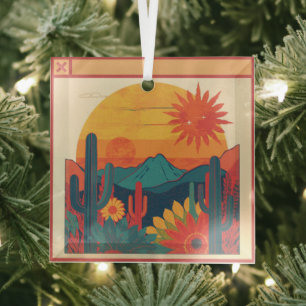 Retro Whimsical Boho stijl zonsondergang landschap Glas Ornament