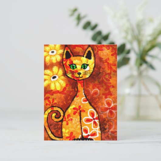 Retro Whimsical Cat Kat Bloemen Geel Rood Sinaasap Briefkaart (Staand voorkant)