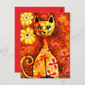 Retro Whimsical Cat Kat Bloemen Geel Rood Sinaasap Briefkaart (Voorkant / Achterkant)