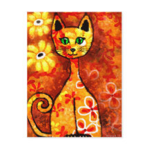 Retro Whimsical Cat Kat Bloemen Geel Rood Sinaasap