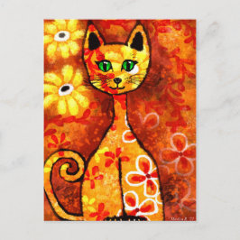 Retro Whimsical Cat Kat Bloemen Geel Rood Sinaasap Briefkaart