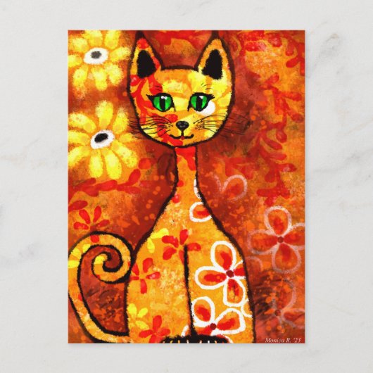 Retro Whimsical Cat Kat Bloemen Geel Rood Sinaasap Briefkaart (Voorkant)