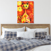 Retro Whimsical Cat Kat Bloemen Geel Rood Sinaasap Canvas Afdruk (Insitu (Slaapkamer))
