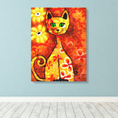 Retro Whimsical Cat Kat Bloemen Geel Rood Sinaasap Canvas Afdruk (Insitu (Houten vloer))