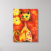 Retro Whimsical Cat Kat Bloemen Geel Rood Sinaasap Canvas Afdruk (Voorkant)