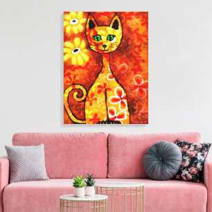 Retro Whimsical Cat Kat Bloemen Geel Rood Sinaasap Canvas Afdruk