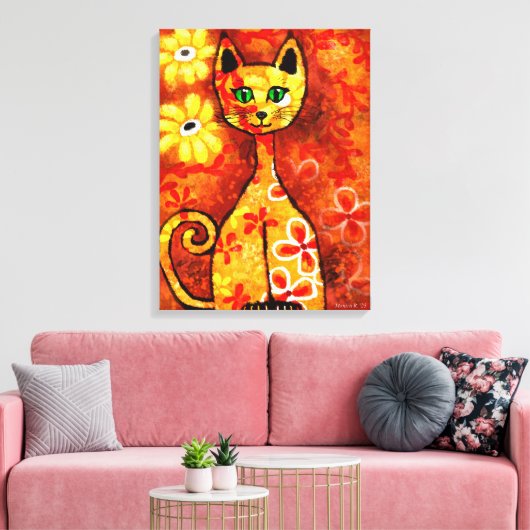 Retro Whimsical Cat Kat Bloemen Geel Rood Sinaasap Canvas Afdruk (Insitu (Woonkamer))
