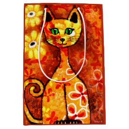 Retro Whimsical Cat Kat Bloemen Geel Rood Sinaasap Medium Cadeauzakje