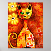 Retro Whimsical Cat Kat Bloemen Geel Rood Sinaasap Poster (Voorkant)