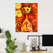 Retro Whimsical Cat Kat Bloemen Geel Rood Sinaasap Poster (Thuiskantoor)