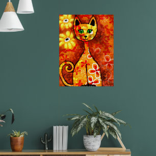Retro Whimsical Cat Kat Bloemen Geel Rood Sinaasap Poster