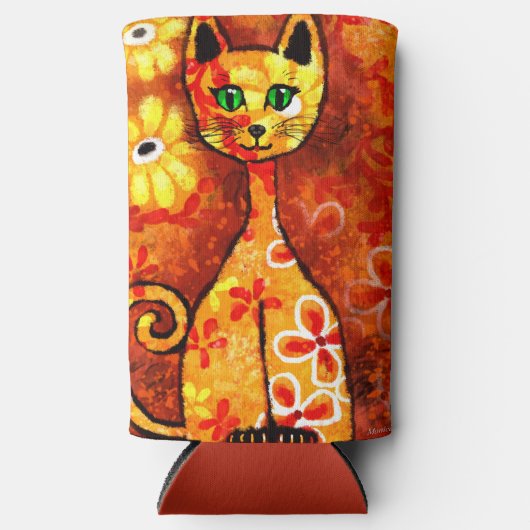 Retro Whimsical Cat Kat Bloemen Geel Rood Sinaasap Seltzer Blikjeskoeler (Voorkant)