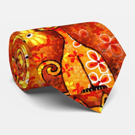 Retro Whimsical Cat Kat Bloemen Geel Rood Sinaasap Stropdas (Opgerold)