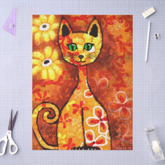 Retro Whimsical Cat Kat Bloemen Sinaasappel Decoup Tissuepapier (Craft)