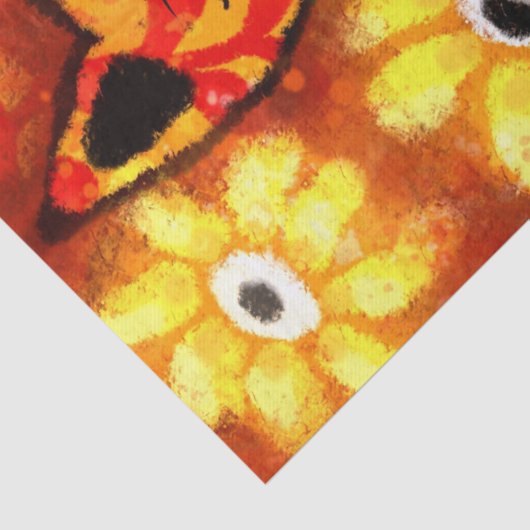 Retro Whimsical Cat Kat Bloemen Sinaasappel Decoup Tissuepapier (Detail)