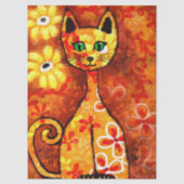 Retro Whimsical Cat Kat Bloemen Sinaasappel Decoup Tissuepapier (Voorkant)