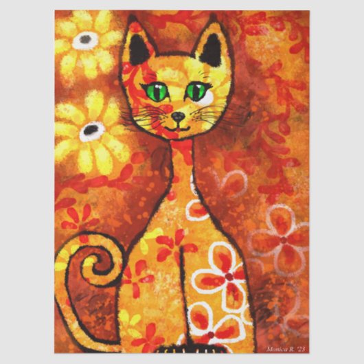 Retro Whimsical Cat Kat Bloemen Sinaasappel Decoup Tissuepapier (Voorkant)