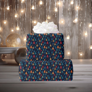 Retro Whimsical + donkere kerstbomen Cadeaupapier